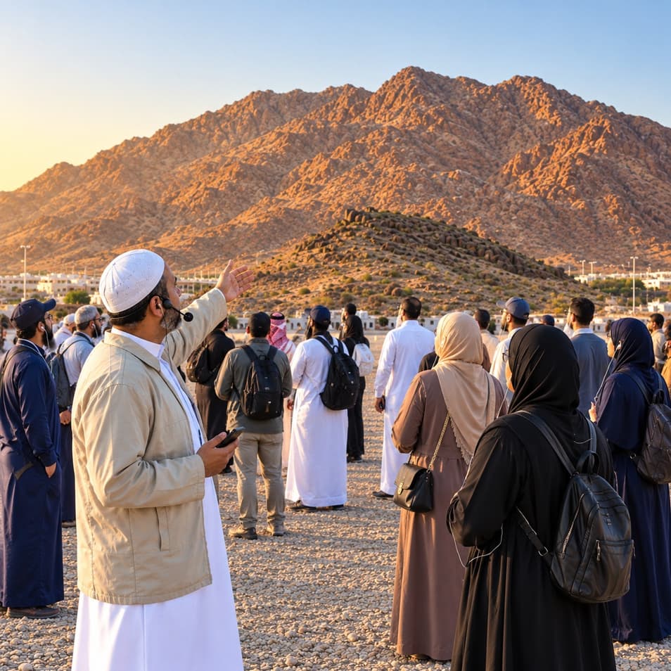 A guide wearing a headset microphone points towards the mountain for his group of pilgrims at sunset.